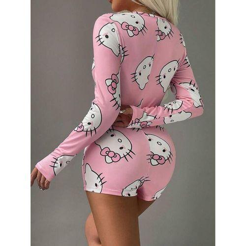 Pamuklu Pembe Hello Kitty Desenli Düğmeli Uzun Kol Tulum Pijama