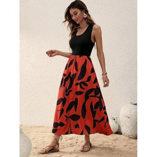 Kadın Askılı Yuvarlak Yaka üst Viskon Alt Desenli Uzun Süprem Elbise