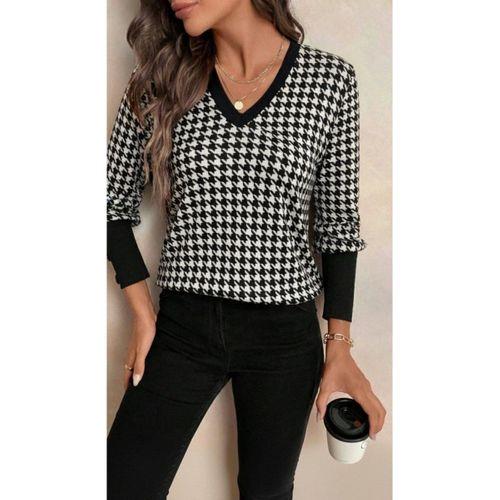 Kadın Uzun Kollu V Yakalı Desenli Süprem Bluz