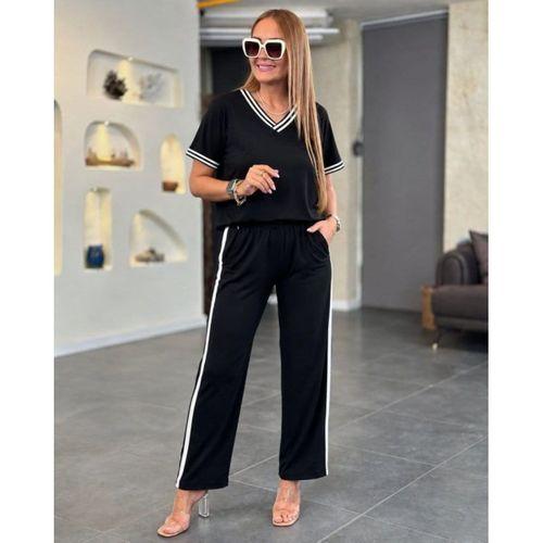 Kadın Kısa Kollu V Yakalı Viskon Iki Iplik Bluz Ve Pantolon Ikili Takım