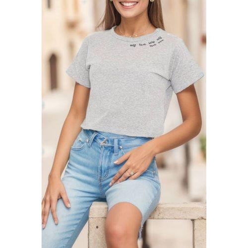 Nakışlı Crop Tişört Gri