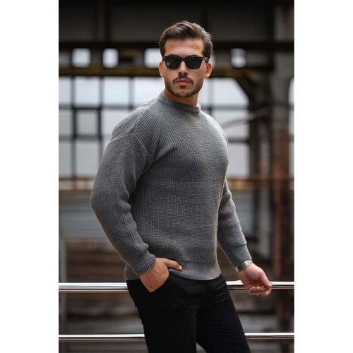 Oversize Selanik Örgülü Bisiklet Yaka Erkek Triko Kazak - Füme