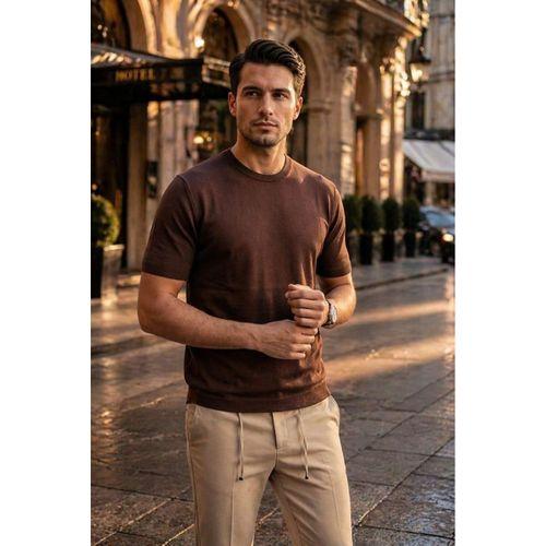 Kwon Bisiklet Yaka Basic Kısa Kollu İnce Triko Erkek T-Shirt - Kahve