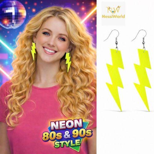 80’ler 90&amp;#39;lar Retro Neon Sarı Şimşek Küpe 10 cm
