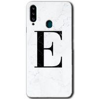 Samsung Galaxy A20s HD Baskılı Kılıf + 9D Tam Ekran Koruyucu - Beyaz Mermer Desenli E Harfi