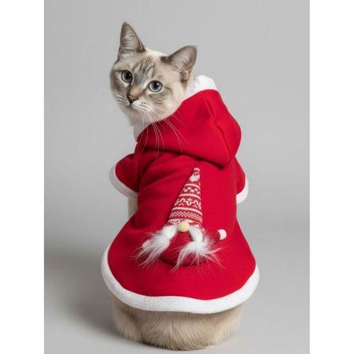 Yılbaşı Cücesi Gnome Kırmızı Polar Premium Kedi Kıyafeti | Kapüşonlu Noel Sweatshirt