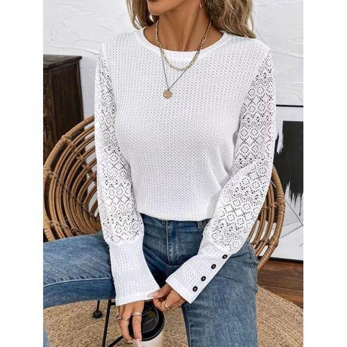 Kadın Uzun Kollu Bisiklet Yaka Kolları Tüllü Waffle Bluz