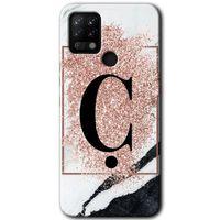 Tecno Pova Kılıf HD Desen Baskılı Arka Kapak - Pembe Mermer Desenli Ç Harfi + Kırılmaz Cam