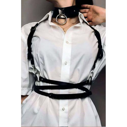 Belden Ayarlı Bağlamalı Deri Korse Kemer Ve Choker Tasma Takım - Brf644