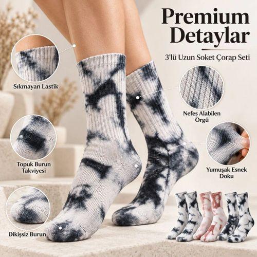 Unisex Batik Desenli Çorap 3'lü Set Pamuklu Uzun Soket Günlük Spor Nefes Alan Dikişsiz