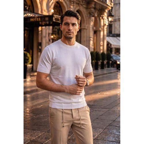 Kwon Bisiklet Yaka Basic Kısa Kollu İnce Triko Erkek T-Shirt - Ekru
