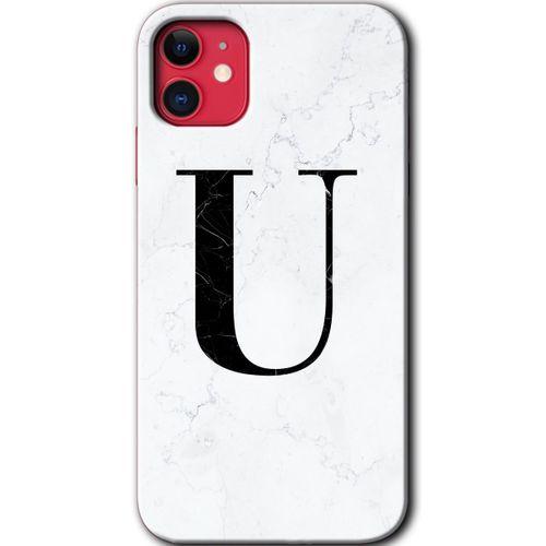 iPhone 11 Kılıf Baskılı Kapak - Beyaz Mermer Desenli U Harfi +Tam Ekran Koruyucu