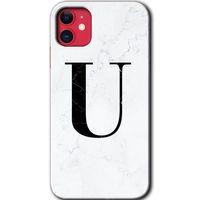 iPhone 11 Kılıf Baskılı Kapak - Beyaz Mermer Desenli U Harfi +Tam Ekran Koruyucu