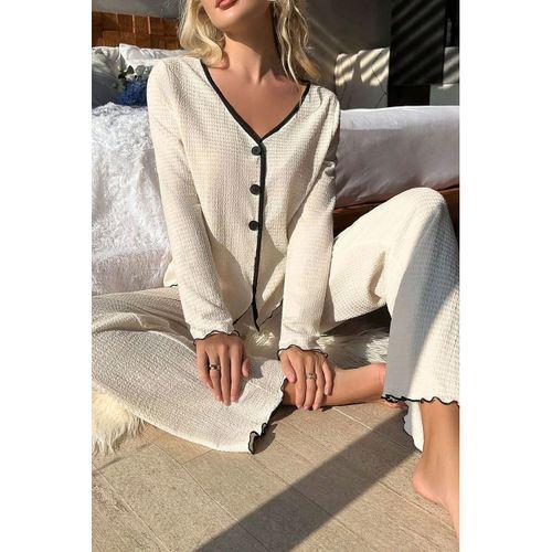 Kadın Beyaz V Yaka Düğmeli Örme Kumaş Rahat Pijama Takımı