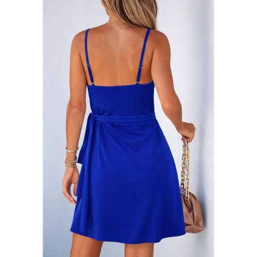 Kadın Ip Askılı Kruvaze Yakalı Belden Kuşaklı Kısa Janjan Krep Elbise