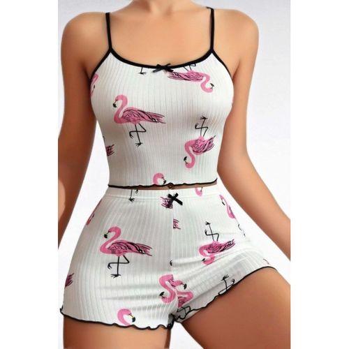 Pamuklu Beyaz Üstüne Pelikan Desen Fitilli Askılı Şortlu Pijama Takımı