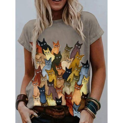 Kadın Kısa Kollu Bisiklet Yaka Kedi Desenli Süprem Bluz