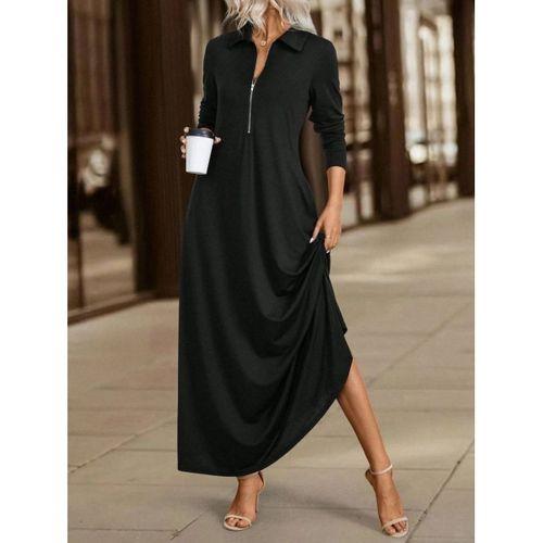 Kadın Uzun Kollu Yakalı önden Fermuarlı Uzun Viskon Iki Iplik Elbise