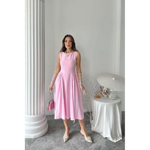Pembe Yanları Büzgülü Midi Boy Keten Elbise