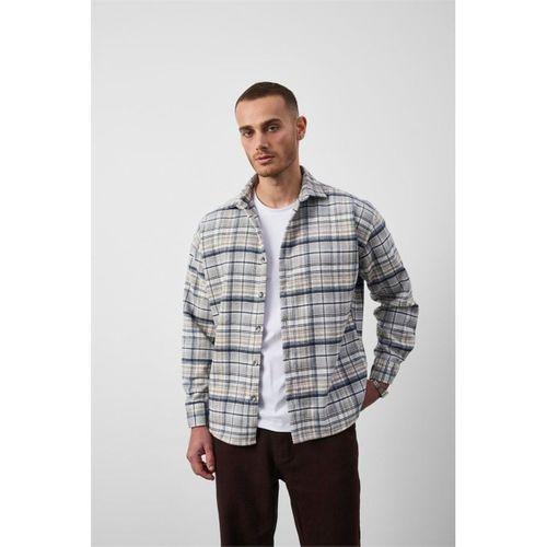 Jasper Relaxed Fit Pamuklu İnce Çizgili Oduncu Erkek Gömlek - Mavi-Bej