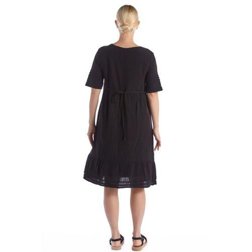 Kısa Kol Siyah Kare Yaka Cep Detaylı Midi Boy Müslin Yazlık Elbise