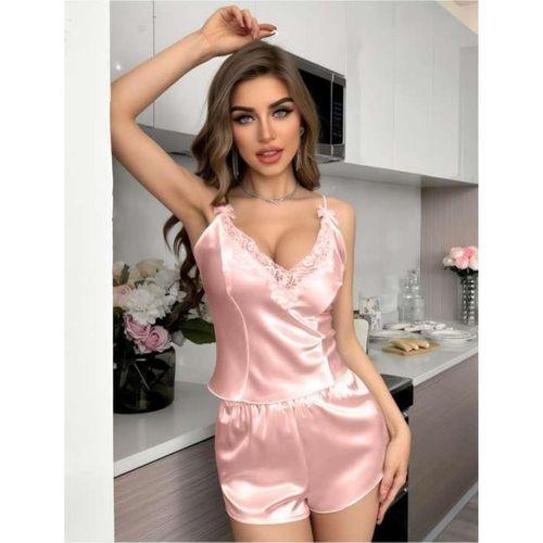 Pembe Dantel İşlemeli İnce Askılı Saten Şortlu Takım