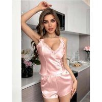 Pembe Dantel İşlemeli İnce Askılı Saten Şortlu Takım