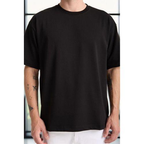 İki İplik Kumaş Pamuklu Bisiklet Yaka Basic Oversize Erkek T-Shirt - Siyah