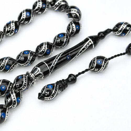 Oltu Taşı Çift Çeşm-i Bülbül Mavi İşlemeli Tespih