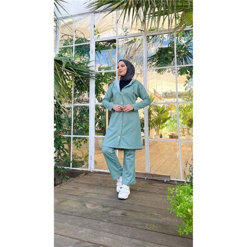 Çıtçıtlı Kapşonlu Uzun Tunik Pantolon İkili Tesettür Eşofman Takımı - 03078.100 - Çağla Yeşili