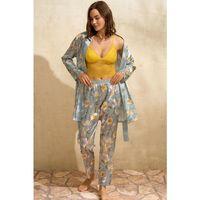 Saten Çiçek Baskılı Sabahlık Balensiz Desteksiz Dolgusuz Dantelli Bralet Sütyen Ve Pantolon Pijama 3'lü Takım