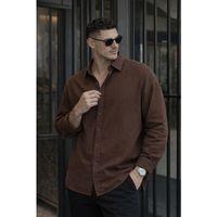 Nefes Alabilir Yarım Oversize Müslin Kumaş Uzun Kol Yakalı Erkek Gömlek - Kahve