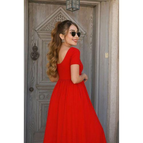 Kadın Kısa Kollu Yuvarlak Yaka önden Yırtmaçlı Cepli Viskon Uzun Elbise