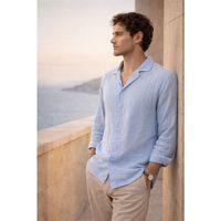 Apaş Yaka Oversize Müslin Kumaş Gömlek - Buz Mavi