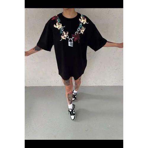 Baskılı T-Shirt Kısa Kol Bisiklet Yaka Regular Rahat Kalıp Günlük Tişört - Siyah