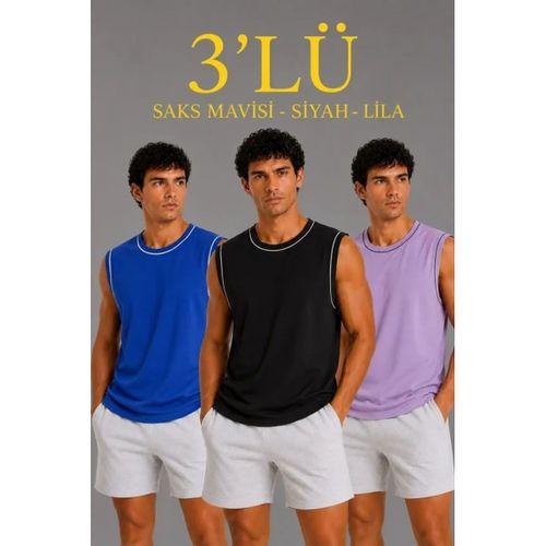 Erkek 3’lü Kolsuz Sporcu Atlet Seti Yazlık Bisiklet Yaka - Siyah, Lila, Saks Mavisi