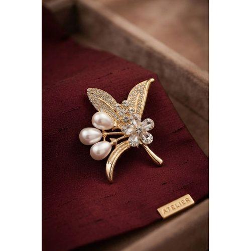 Gold Renk İncili Zirkon Taşlı Yaprak Model Broş