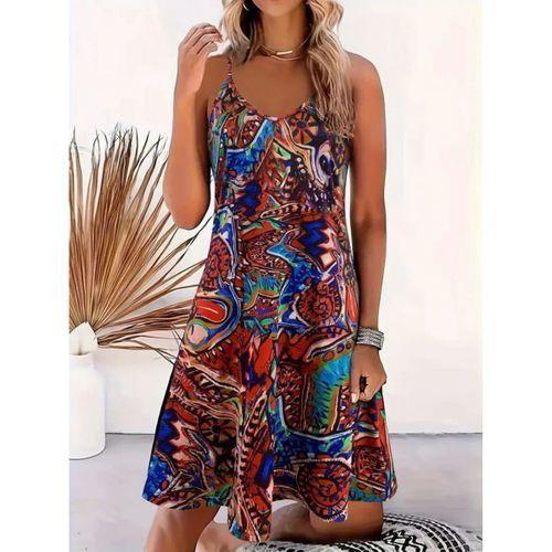 Kadın Ip Askılı V Yakalı Desenli Kısa Süprem Elbise