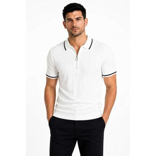 Erkek Fitilli Triko T-shirt Polo Yaka Yarım Fermuarlı Kısa Kollu Tişört - Beyaz