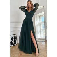 Kadın Uzun Kollu Kruvaze Yakalı Belden Kuşaklı Tüllü Uzun Ithal Krep Elbise