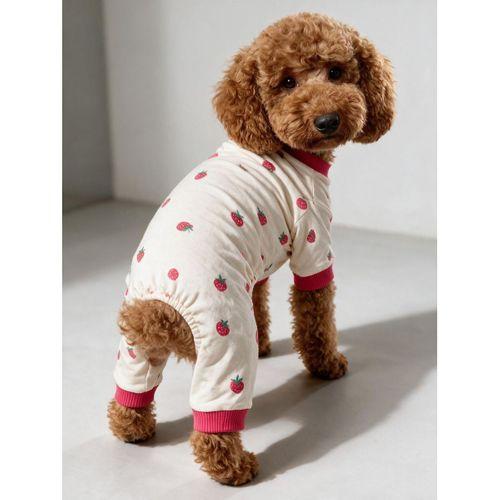 Tatlı Çilek Köpek Tulumu | Pamuklu Penye Köpek Pijaması | Küçük Irklar İçin | Tüy Dökülmesini Azaltır