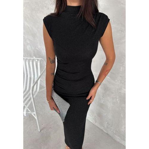 Likralı Simli Kumaş Yandan Yırtmaçlı Uzun Elbise Şık Kolsuz Abiye - Siyah