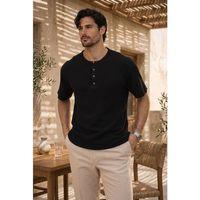 Roth Relaxed Fit Günlük Henley Yaka Waffle Kumaş Yazlık Kısa Kollu T-Shirt - Siyah