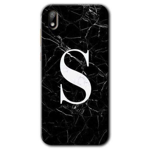Huawei Y5 2019 Kılıf HD Desen Baskılı Arka Kapak + Temperli Cam - Siyah Mermer Desenli S Harfi