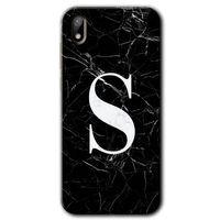 Huawei Y5 2019 Kılıf HD Desen Baskılı Arka Kapak + Temperli Cam - Siyah Mermer Desenli S Harfi