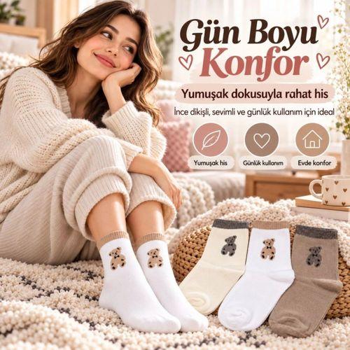 Kadın Soket Çorap Seti - Ayıcık Desenli, 3'lü Paket