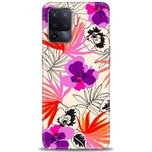 Oppo Reno 5 Lite Kılıf HD Baskılı Kılıf - Kırmızı Mor Çiçekler + Tam Ekran Koruyucu