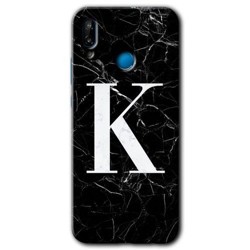 Huawei P20 Lite HD Baskılı Kılıf + 9D Tam Ekran Koruyucu - Siyah Mermer Desenli K Harfi