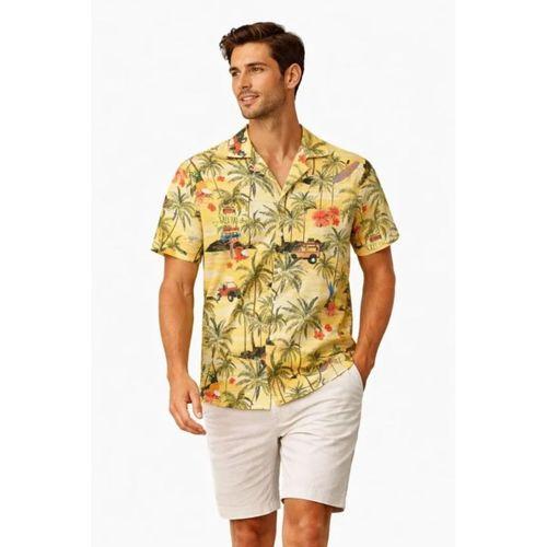 Erkek Tropikal Palmiye Desenli Kısa Kol Gömlek Hawaii Tarz Yazlık Rahat Kalıp - Desenli
