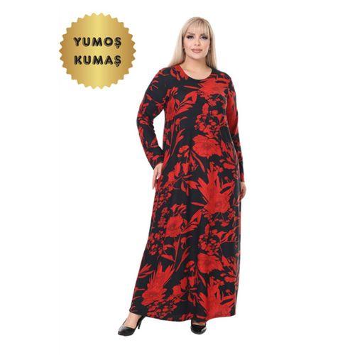 Melsay Butik Yumoş Kumaş Kırmızı Tropik Desen Uzun Kollu Kadın Tesettür Elbise